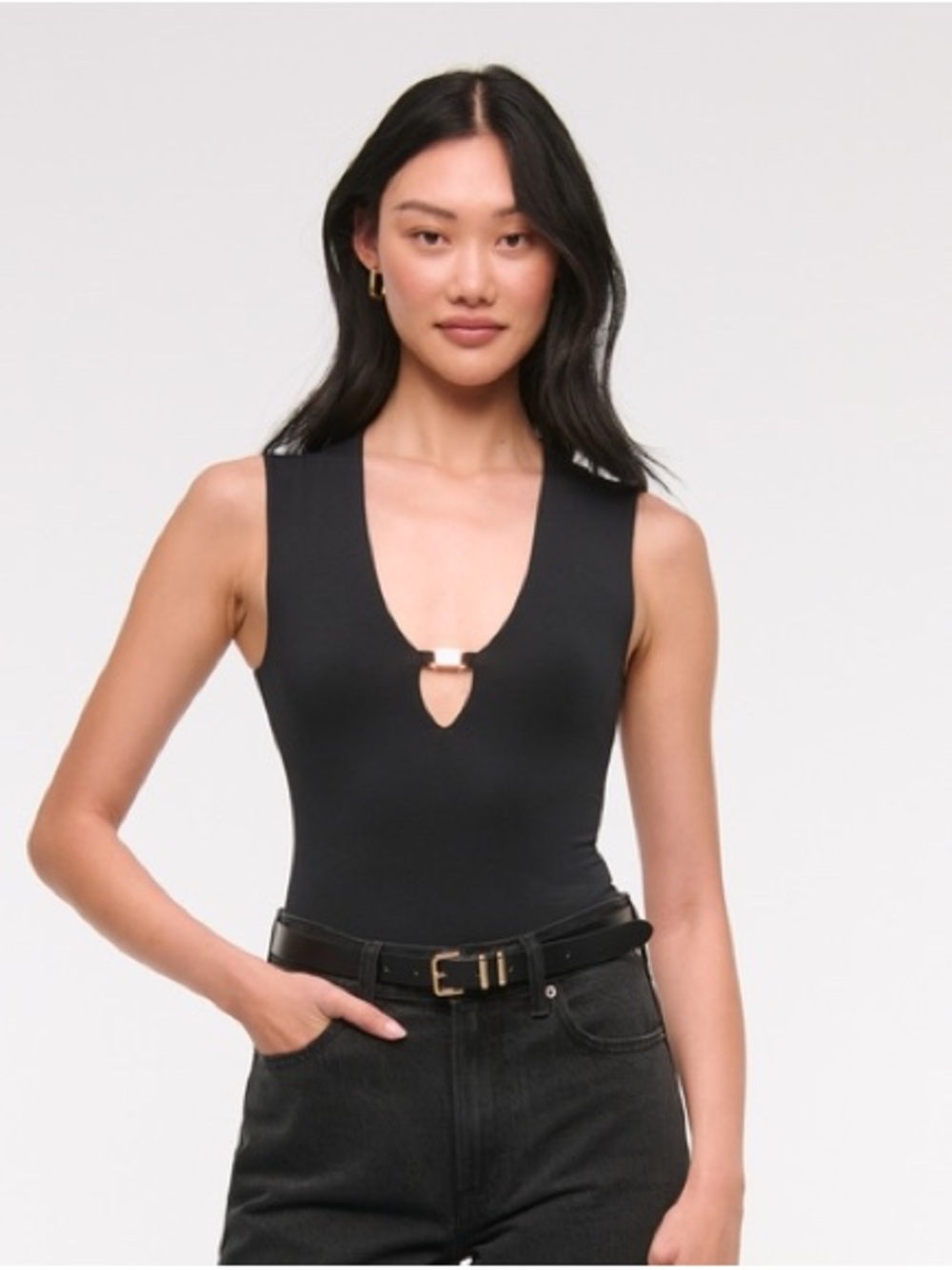 Abercrombie & Fitch Black V‑Neck Sleeveless Bodysuit with Gold Accent